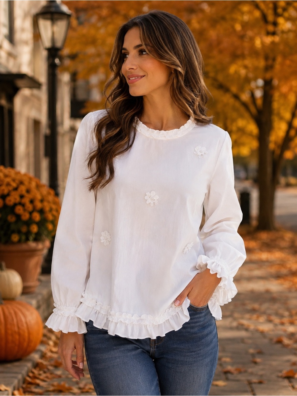 Astrid Feminine White Ruffle Blouse Floral Appliqué Buttons in Back NWT
